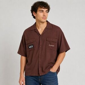 Playboy by PacSun Mens Medium Brown Lyocell Short Sleeve Button Down Shirt 53
